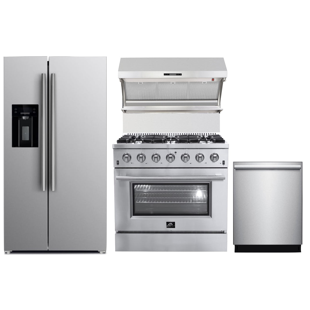 Forno 4-Piece Appliance Package - 36-Inch Gas Range, Refrigerator with Water Dispenser, Wall Mount Hood with Backsplash, & 3-Rack Dishwasher in Stainless Steel