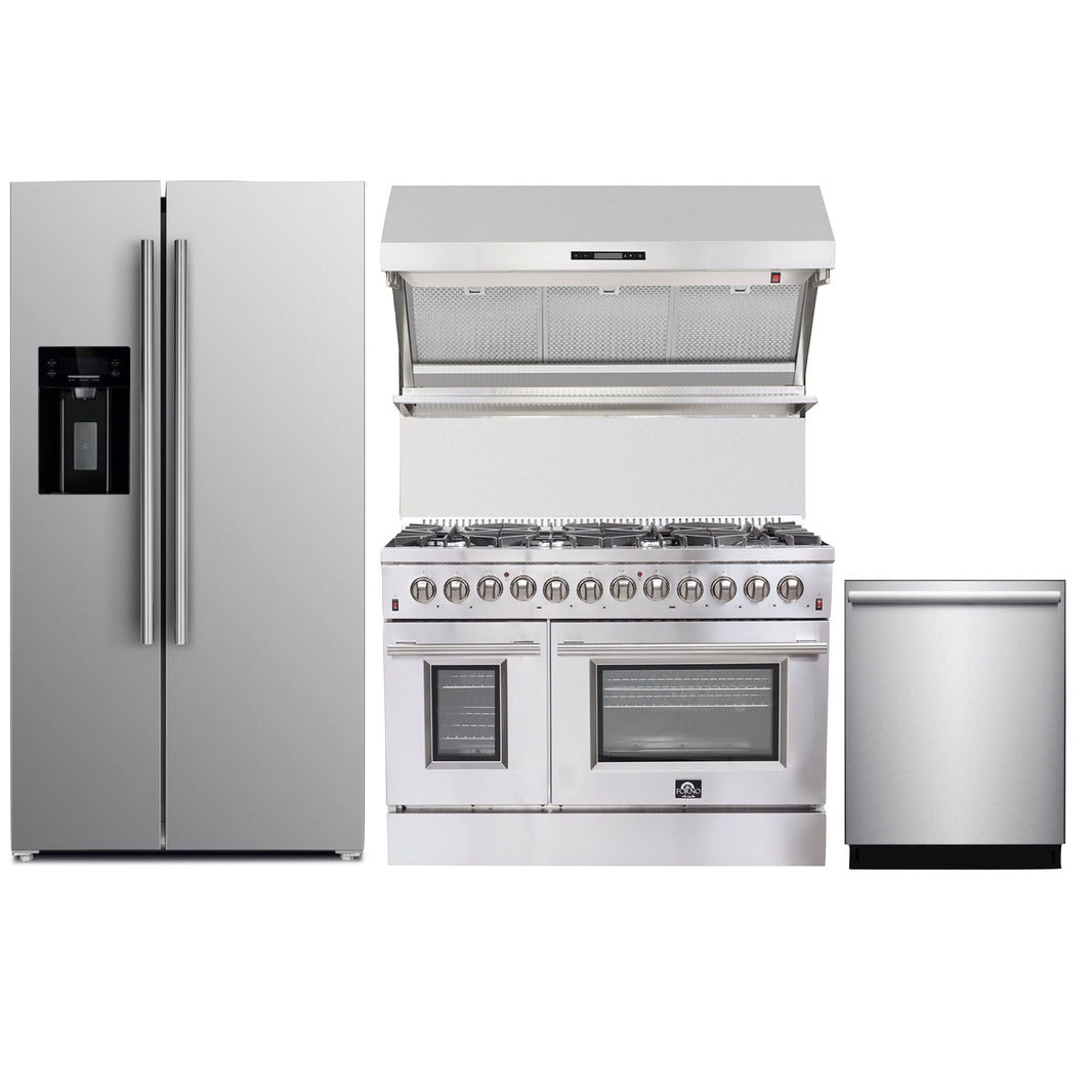 Forno 4-Piece Appliance Package - 48-Inch Dual Fuel Range, Refrigerator with Water Dispenser, Wall Mount Hood with Backsplash, & 3-Rack Dishwasher in Stainless Steel