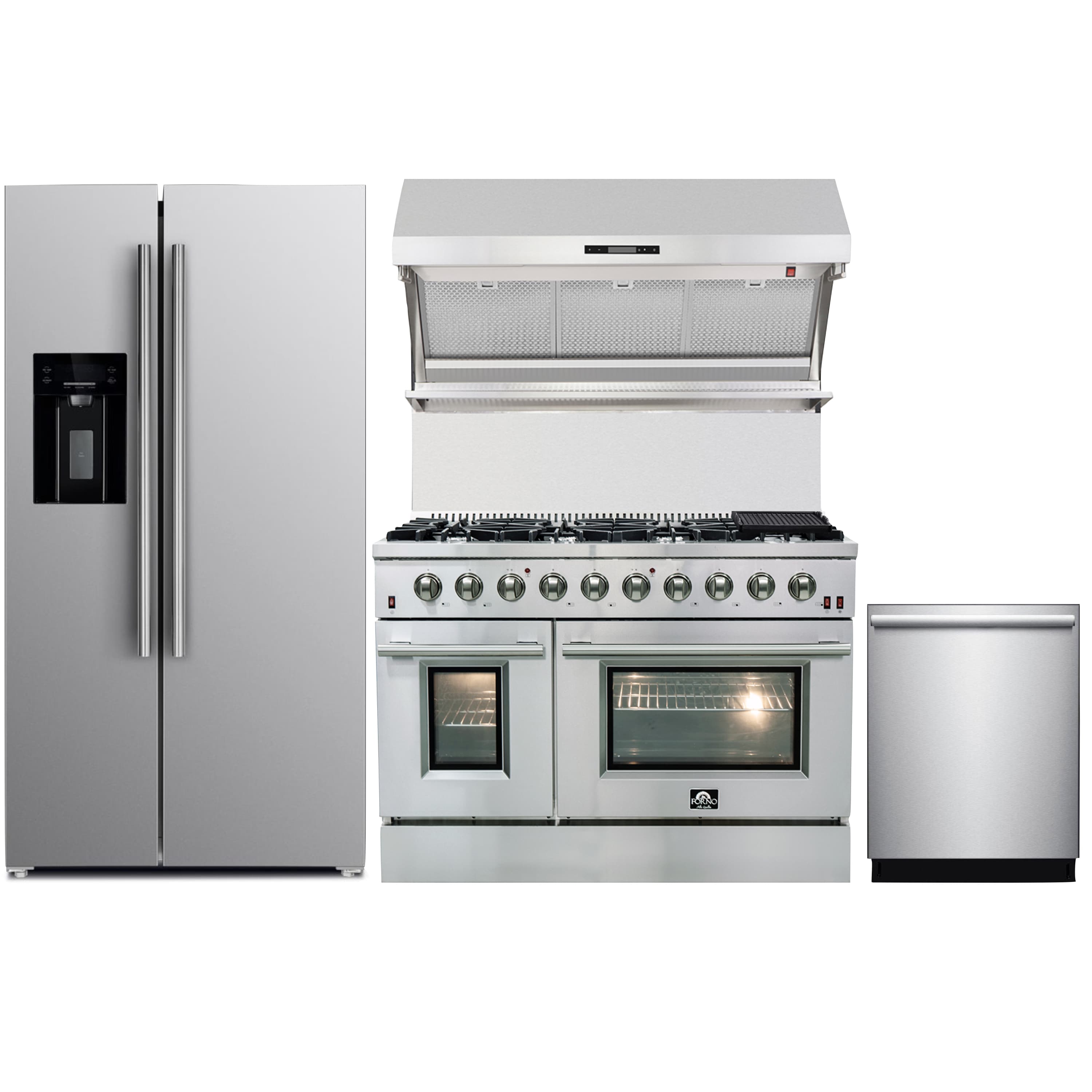 Forno 4-Piece Appliance Package - 48-Inch Gas Range, Refrigerator with Water Dispenser, Wall Mount Hood with Backsplash, & 3-Rack Dishwasher in Stainless Steel