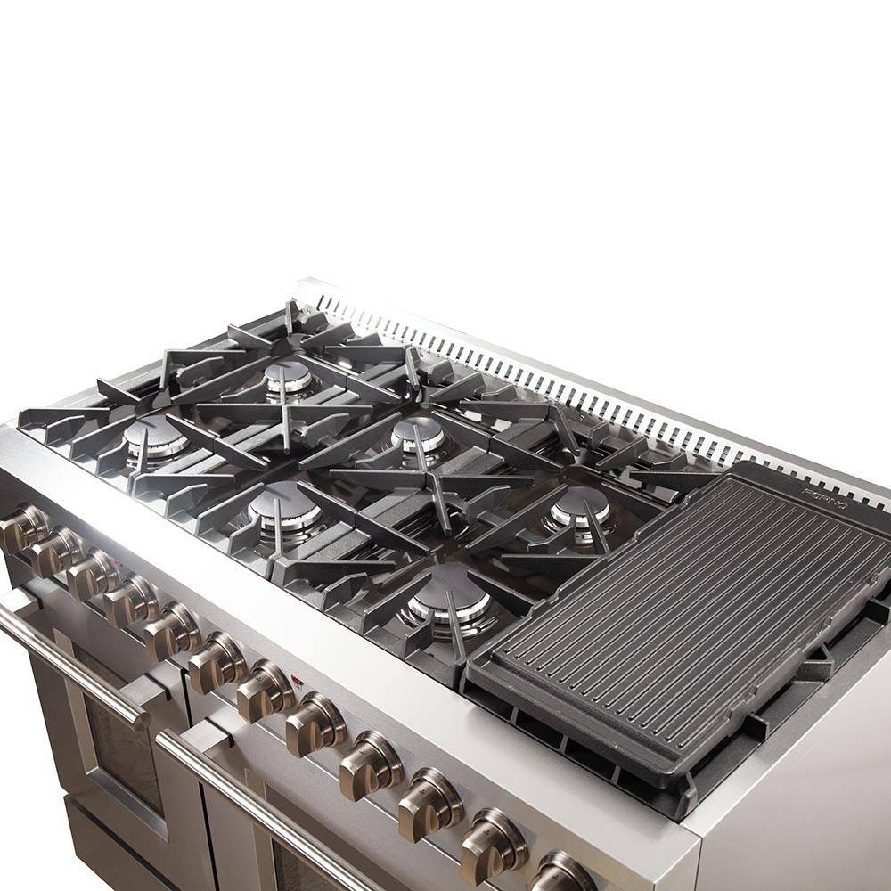 Forno 48-Inch Galiano Dual Fuel Range - Gas Cooktop with 240v Electric Oven - 8 Burners, Griddle, and Double Oven (FFSGS6156-48)