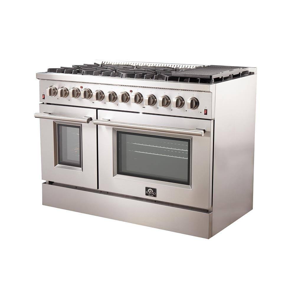 Forno 48-Inch Galiano Dual Fuel Range - Gas Cooktop with 240v Electric Oven - 8 Burners, Griddle, and Double Oven (FFSGS6156-48)