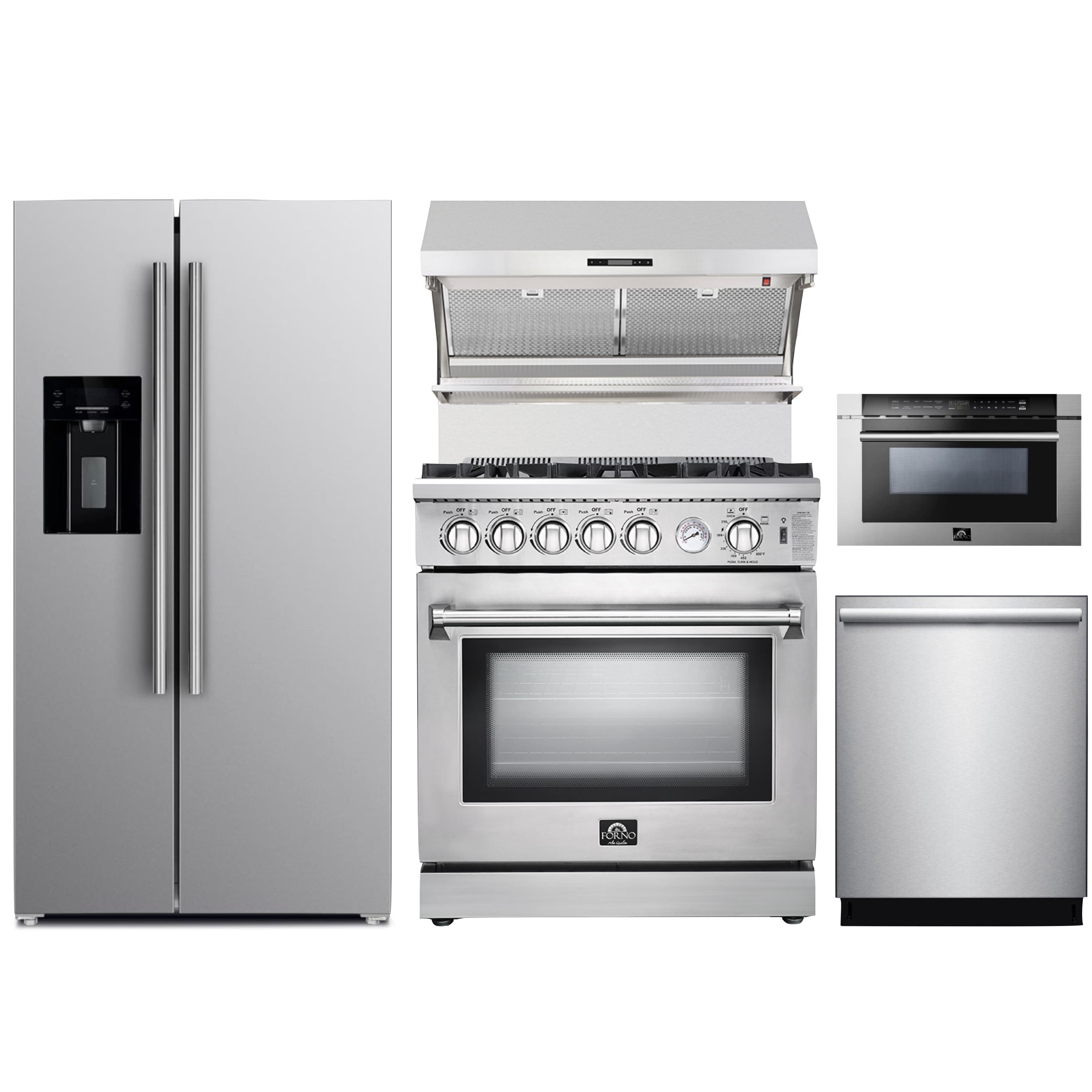 Forno 5-Piece Appliance Package - 30-Inch Gas Range, Refrigerator with Water Dispenser, Wall Mount Hood with Backsplash, Microwave Drawer, & 3-Rack Dishwasher in Stainless Steel