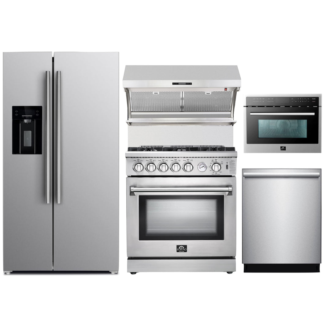 Forno 5-Piece Appliance Package - 30-Inch Gas Range, Refrigerator with Water Dispenser, Wall Mount Hood with Backsplash, Microwave Oven, & 3-Rack Dishwasher in Stainless Steel