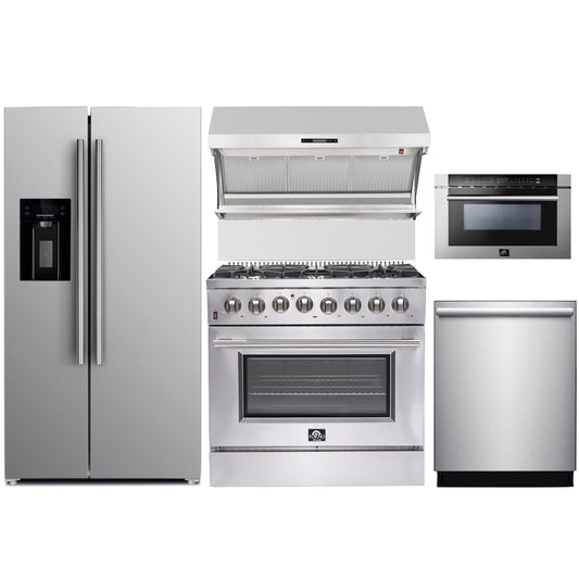 Forno 5-Piece Appliance Package - 36-Inch Dual Fuel Range, Refrigerator with Water Dispenser, Wall Mount Hood with Backsplash, Microwave Drawer, & 3-Rack Dishwasher in Stainless Steel