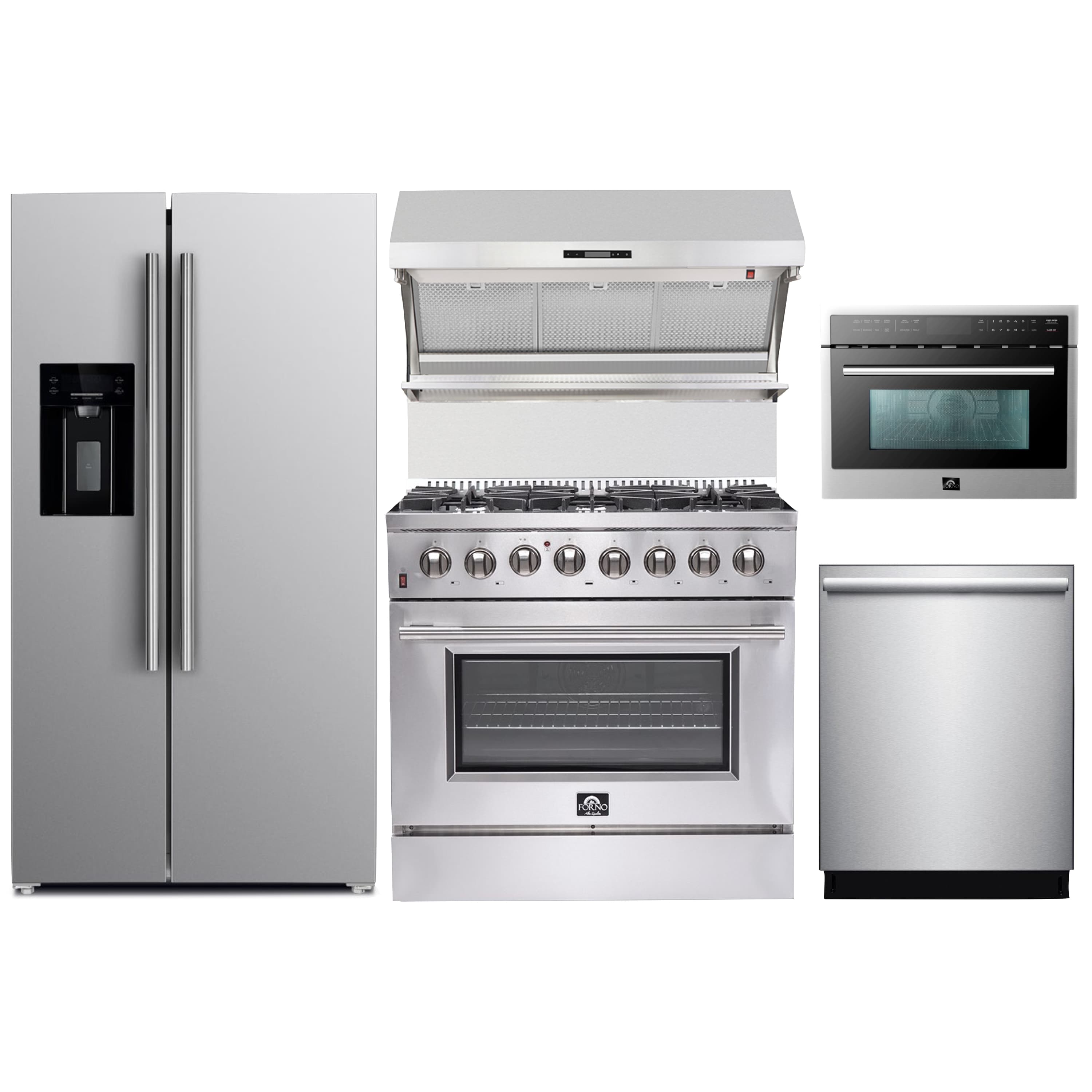 Forno 5-Piece Appliance Package - 36-Inch Dual Fuel Range, Refrigerator with Water Dispenser, Wall Mount Hood with Backsplash, Microwave Oven, & 3-Rack Dishwasher in Stainless Steel