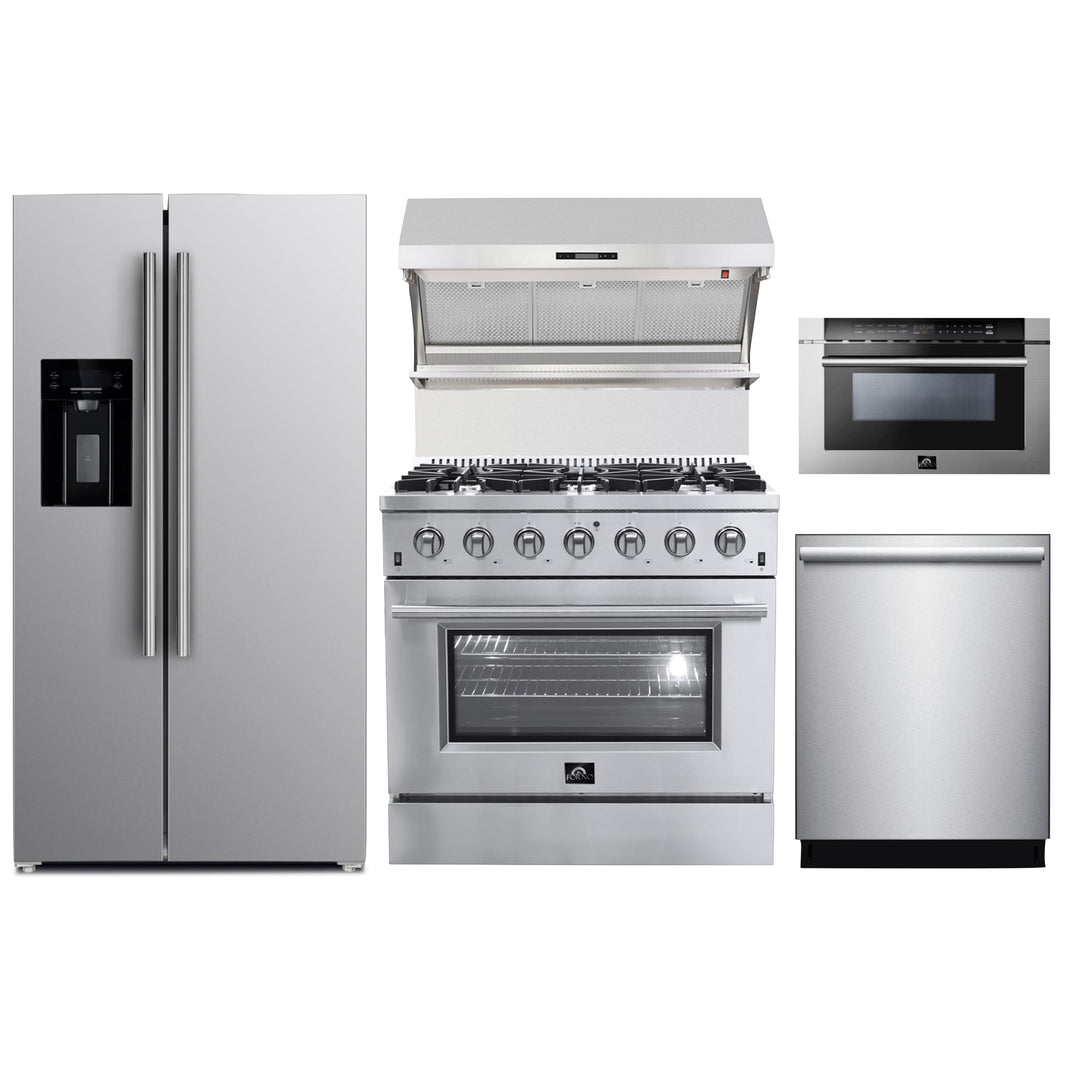 Forno 5-Piece Appliance Package - 36-Inch Gas Range, Refrigerator with Water Dispenser, Wall Mount Hood with Backsplash, Microwave Drawer, & 3-Rack Dishwasher in Stainless Steel