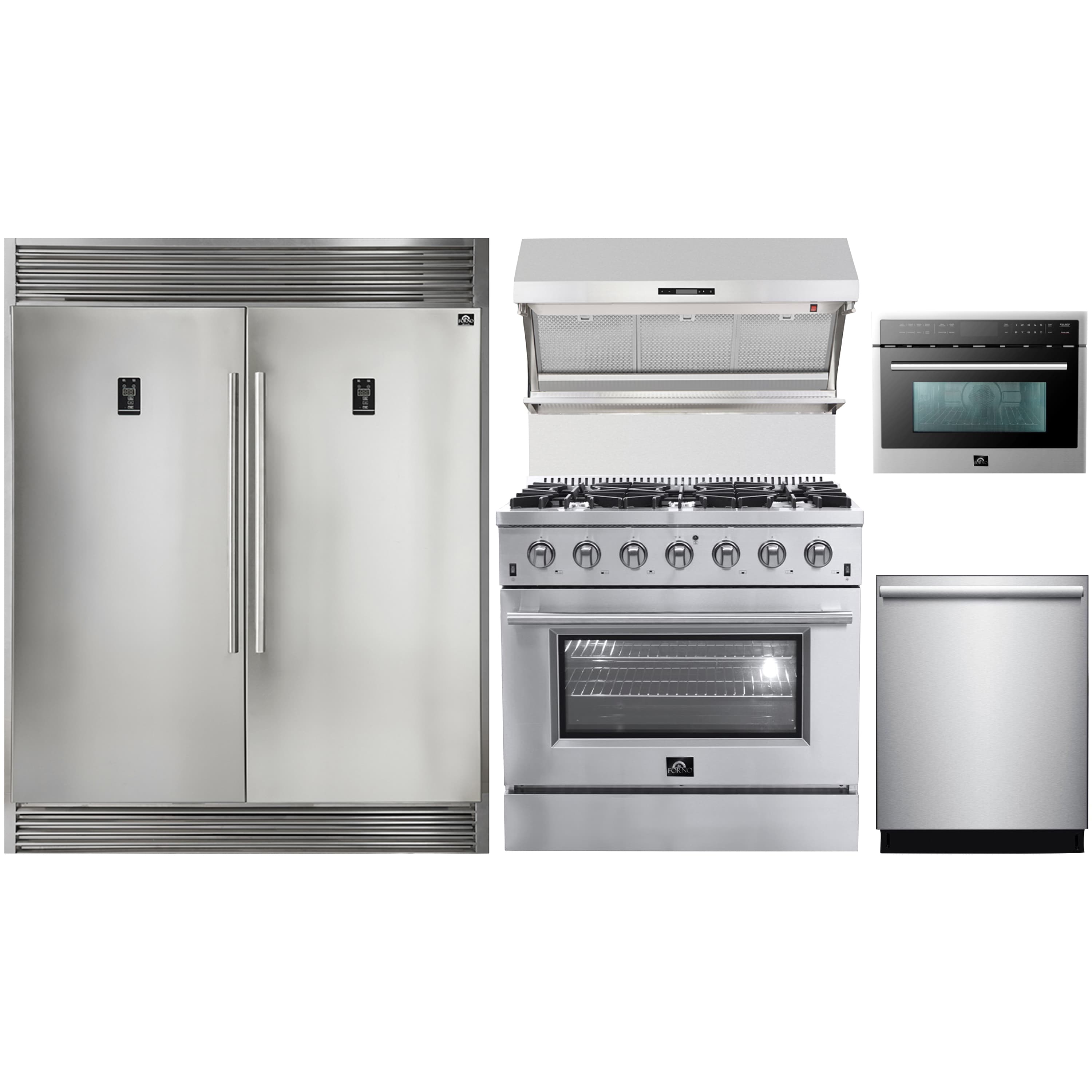 Forno 5-Piece Appliance Package - 36-Inch Gas Range, 56-Inch Pro-Style Refrigerator, Wall Mount Hood with Backsplash, Microwave Oven, & 3-Rack Dishwasher in Stainless Steel