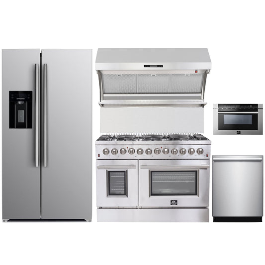 Forno 5-Piece Appliance Package - 48-Inch Dual Fuel Range, Refrigerator with Water Dispenser, Wall Mount Hood with Backsplash, Microwave Drawer, & 3-Rack Dishwasher in Stainless Steel