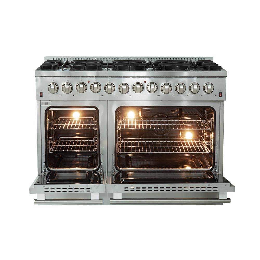 Forno 5-Piece Appliance Package - 48-Inch Dual Fuel Range, Refrigerator with Water Dispenser, Wall Mount Hood with Backsplash, Microwave Oven, & 3-Rack Dishwasher in Stainless Steel