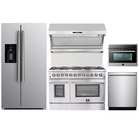 Forno 5-Piece Appliance Package - 48-Inch Dual Fuel Range, Refrigerator with Water Dispenser, Wall Mount Hood with Backsplash, Microwave Oven, & 3-Rack Dishwasher in Stainless Steel