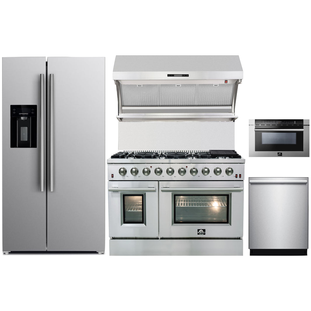 Forno 5-Piece Appliance Package - 48-Inch Gas Range, Refrigerator with Water Dispenser, Wall Mount Hood with Backsplash, Microwave Drawer, & 3-Rack Dishwasher in Stainless Steel