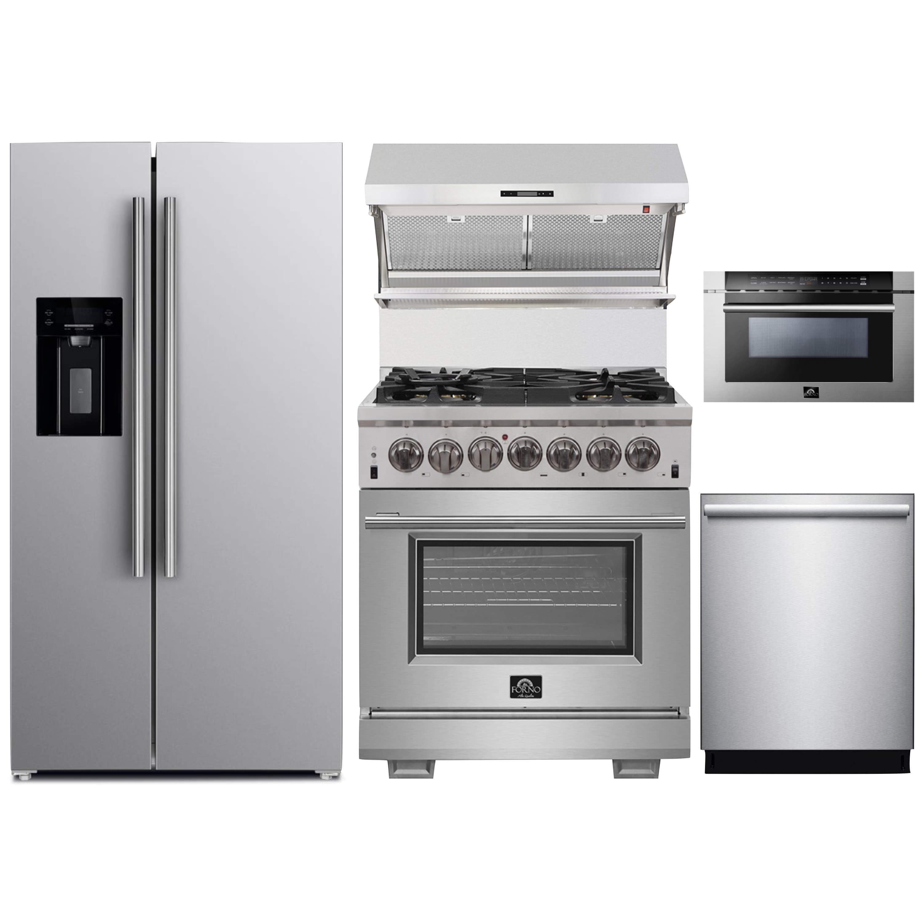 Forno 5-Piece Pro Appliance Package - 30-Inch Dual Fuel Range, Refrigerator with Water Dispenser, Wall Mount Hood with Backsplash, Microwave Drawer, & 3-Rack Dishwasher in Stainless Steel