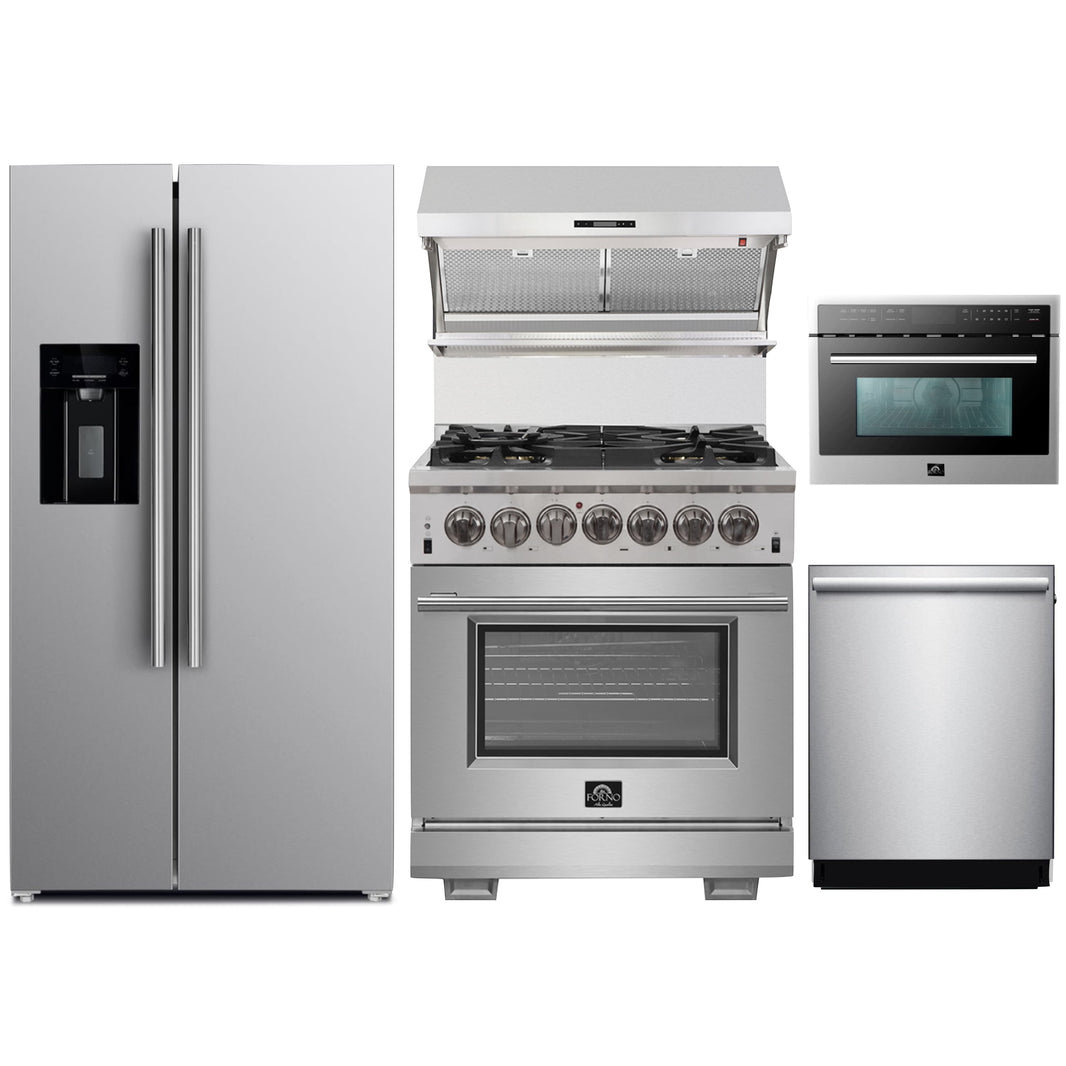 Forno 5-Piece Pro Appliance Package - 30-Inch Dual Fuel Range, Refrigerator with Water Dispenser, Wall Mount Hood with Backsplash, Microwave Oven, & 3-Rack Dishwasher in Stainless Steel