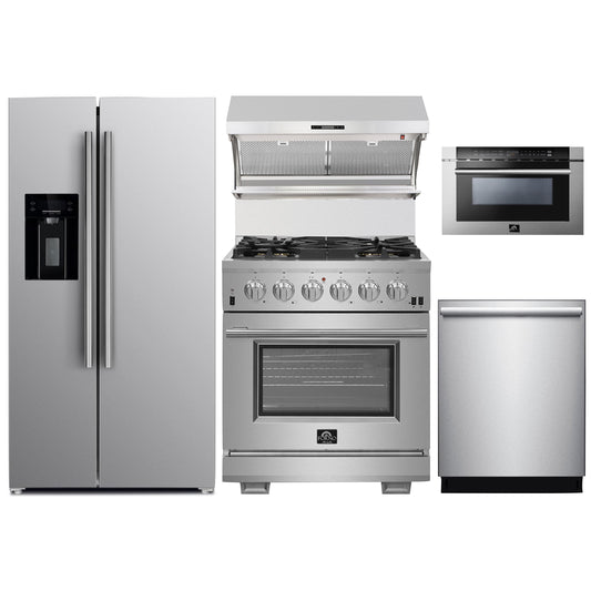 Forno 5-Piece Pro Appliance Package - 30-Inch Gas Range, Refrigerator with Water Dispenser, Wall Mount Hood with Backsplash, Microwave Drawer, & 3-Rack Dishwasher in Stainless Steel