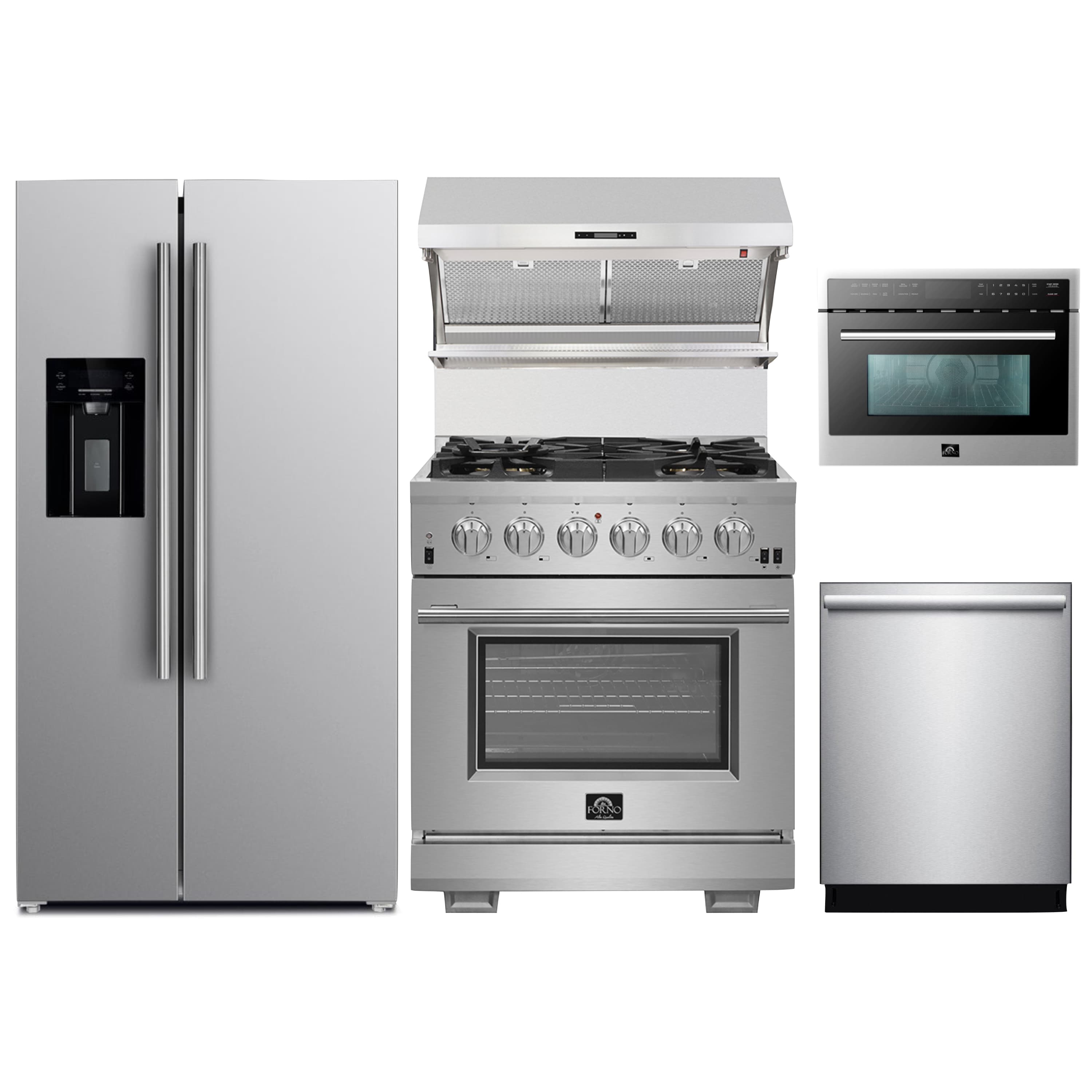 Forno 5-Piece Pro Appliance Package - 30-Inch Gas Range, Refrigerator with Water Dispenser, Wall Mount Hood with Backsplash, Microwave Oven, & 3-Rack Dishwasher in Stainless Steel