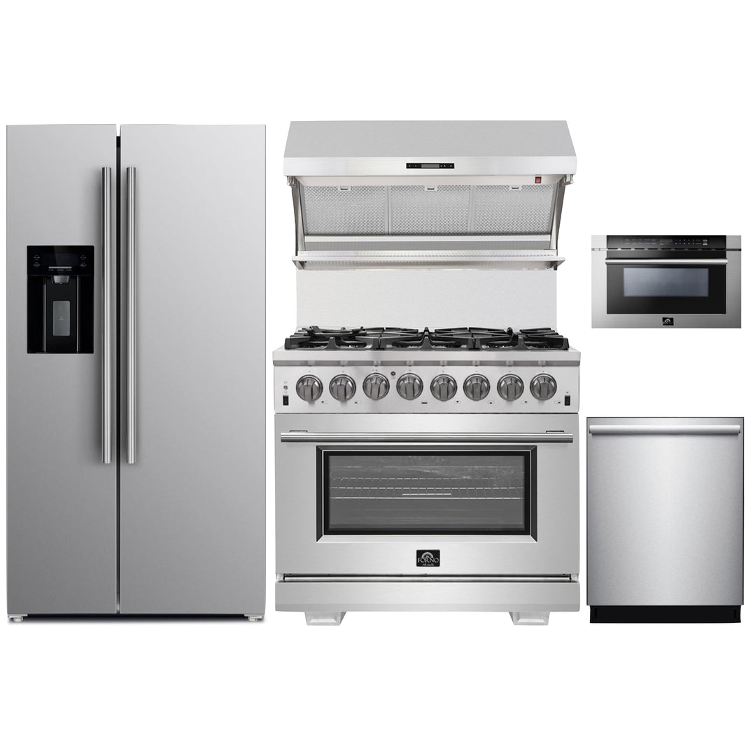 Forno 5-Piece Pro Appliance Package - 36-Inch Dual Fuel Range, Refrigerator with Water Dispenser, Wall Mount Hood with Backsplash, Microwave Drawer, & 3-Rack Dishwasher in Stainless Steel