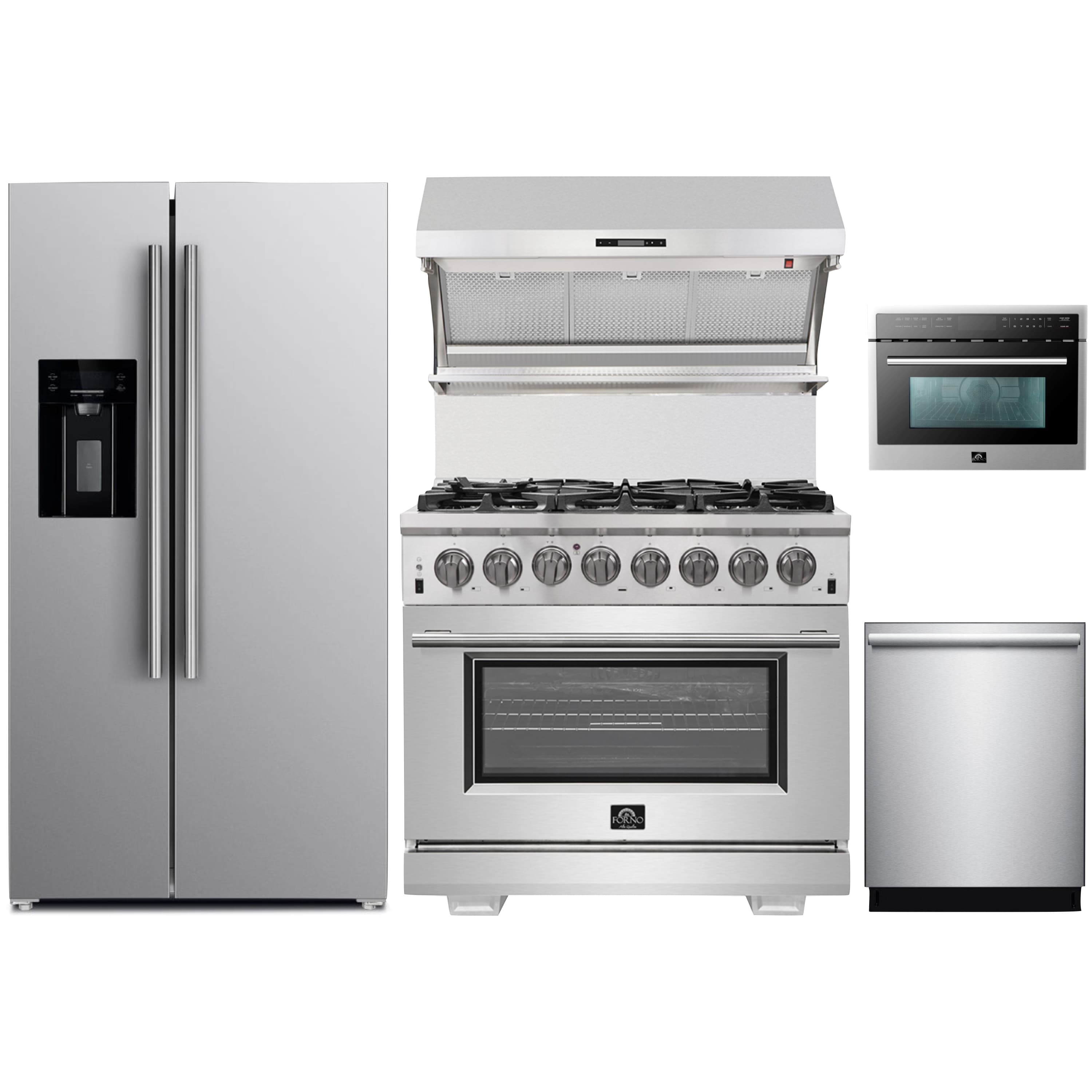 Forno 5-Piece Pro Appliance Package - 36-Inch Dual Fuel Range, Refrigerator with Water Dispenser, Wall Mount Hood with Backsplash, Microwave Oven, & 3-Rack Dishwasher in Stainless Steel