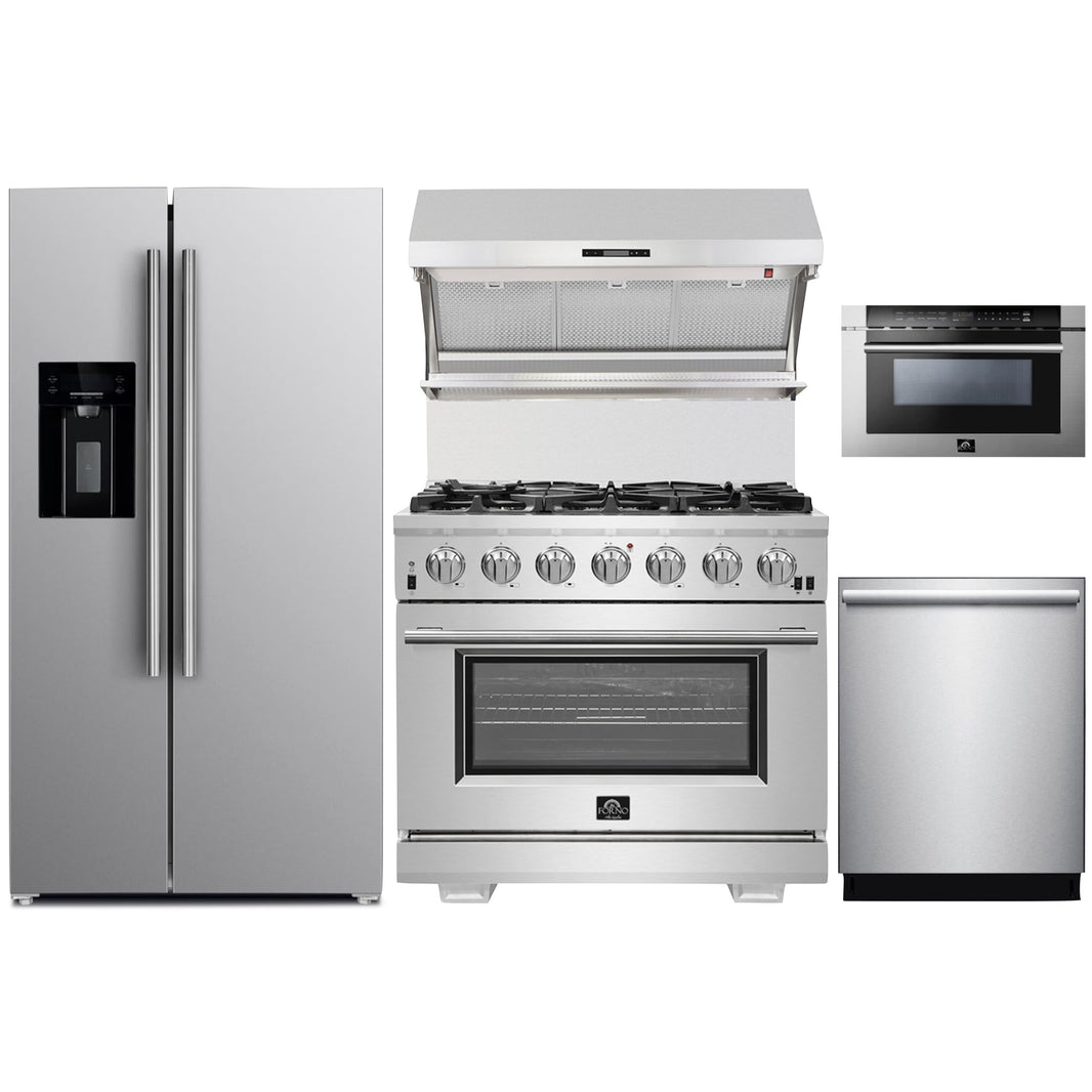 Forno 5-Piece Pro Appliance Package - 36-Inch Gas Range, Refrigerator with Water Dispenser, Wall Mount Hood with Backsplash, Microwave Drawer, & 3-Rack Dishwasher in Stainless Steel