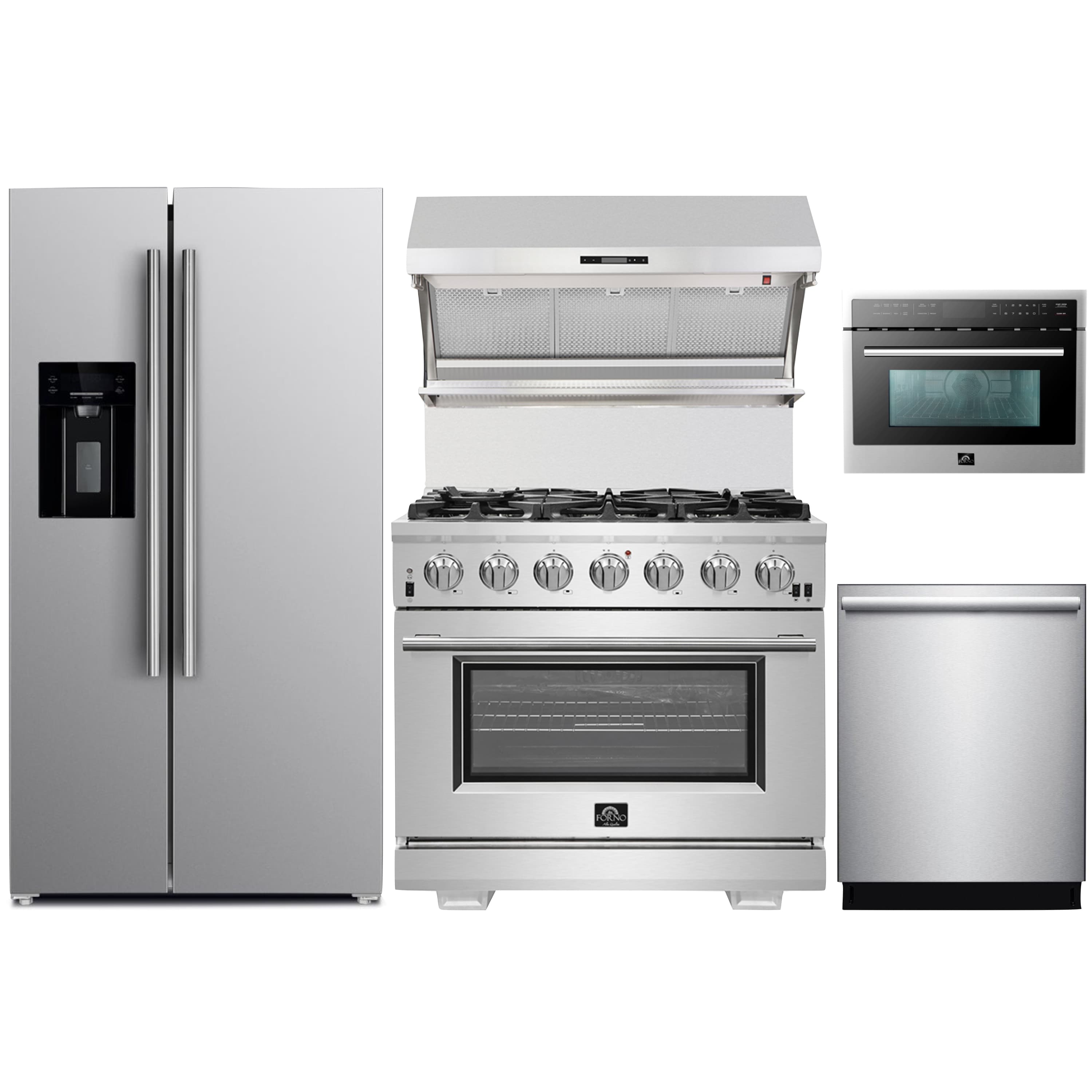 Forno 5-Piece Pro Appliance Package - 36-Inch Gas Range, Refrigerator with Water Dispenser, Wall Mount Hood with Backsplash, Microwave Oven, & 3-Rack Dishwasher in Stainless Steel