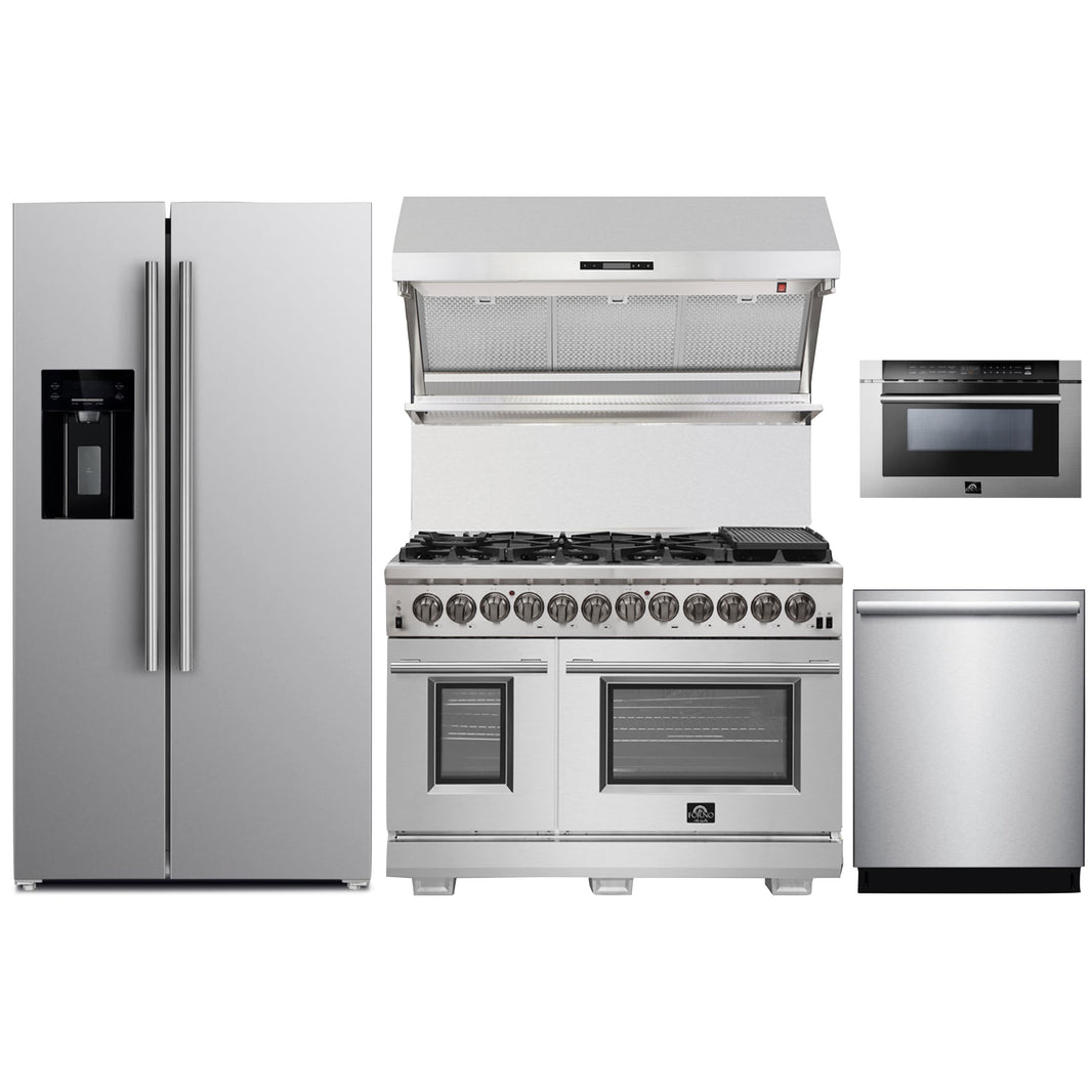 Forno 5-Piece Pro Appliance Package - 48-Inch Dual Fuel Range, Refrigerator with Water Dispenser, Wall Mount Hood with Backsplash, Microwave Drawer, & 3-Rack Dishwasher in Stainless Steel