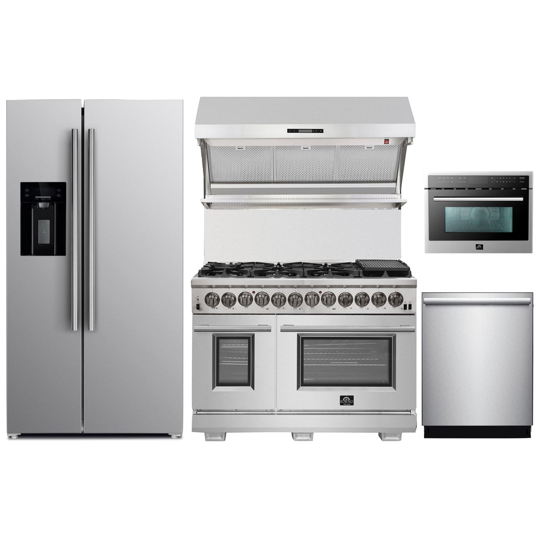 Forno 5-Piece Pro Appliance Package - 48-Inch Dual Fuel Range, Refrigerator with Water Dispenser, Wall Mount Hood with Backsplash, Microwave Oven, & 3-Rack Dishwasher in Stainless Steel