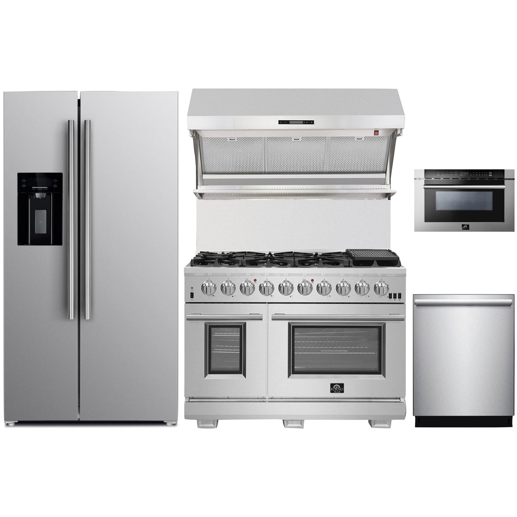 Forno 5-Piece Pro Appliance Package - 48-Inch Gas Range, Refrigerator with Water Dispenser, Wall Mount Hood with Backsplash, Microwave Drawer, & 3-Rack Dishwasher in Stainless Steel