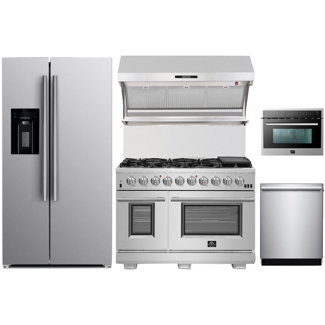 Forno 5-Piece Pro Appliance Package - 48-Inch Gas Range, Refrigerator with Water Dispenser, Wall Mount Hood with Backsplash, Microwave Oven, & 3-Rack Dishwasher in Stainless Steel