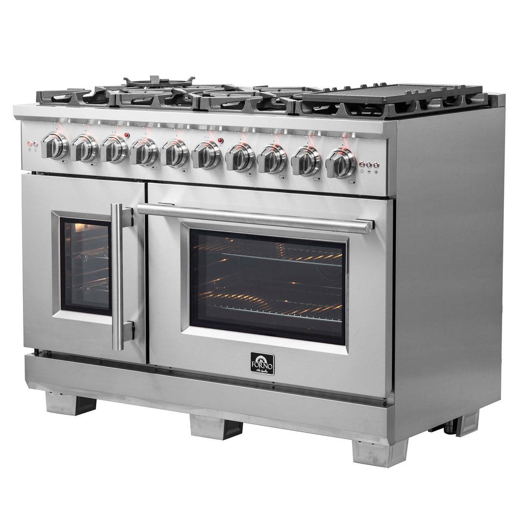 Forno 48-Inch Galiano Dual Fuel Range with 8 Gas Burners, 107,000 BTUs, & French Door Electric Oven in Stainless Steel (FFSGS6356-48)