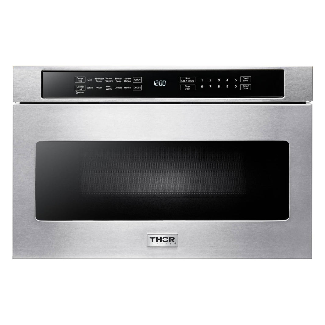 Thor Kitchen 4-Piece Appliance Package - 36-Inch Gas Range with Tilt Panel, French Door Refrigerator, Dishwasher, and Microwave Drawer in Stainless Steel
