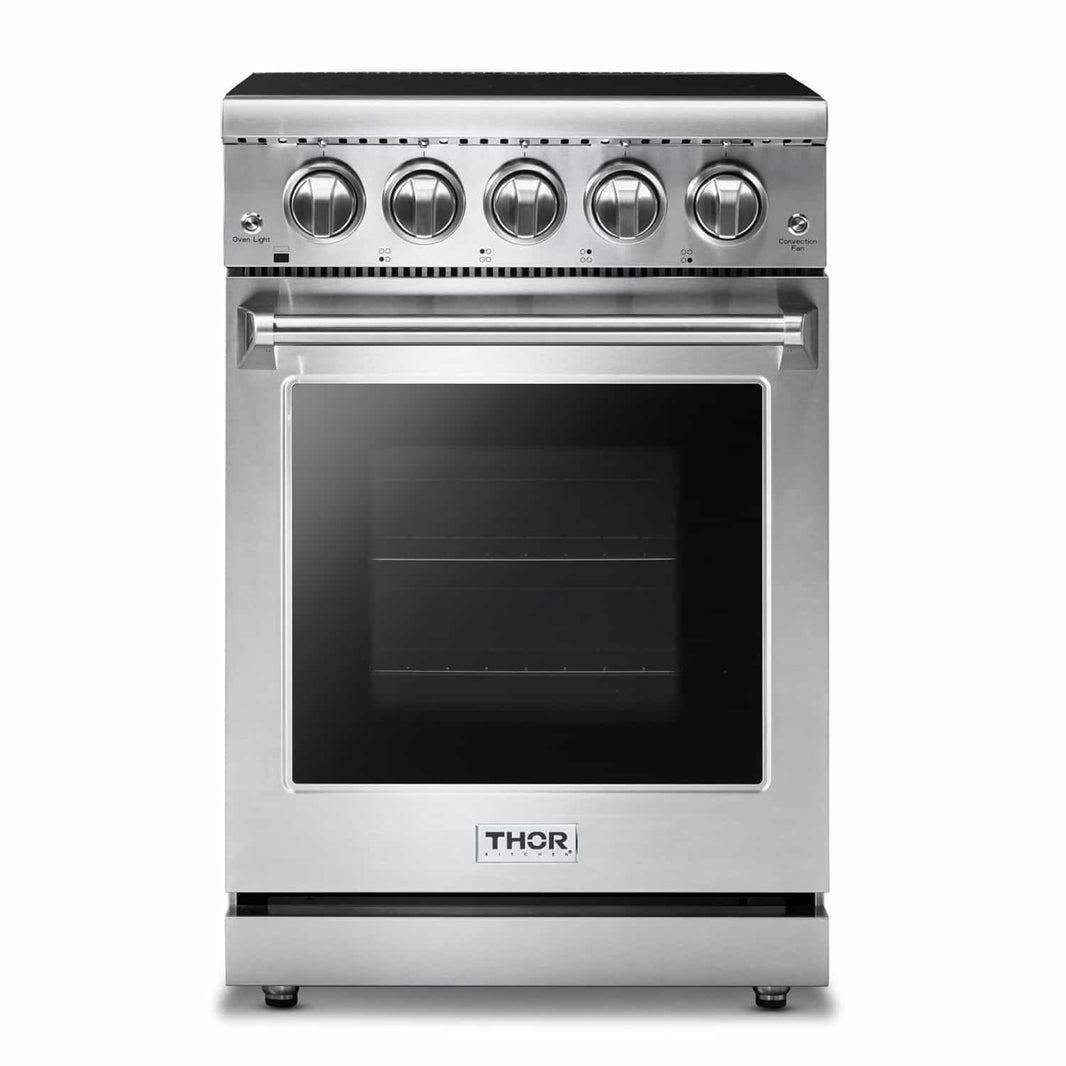 Thor Kitchen 5-Piece Appliance Package - 24-Inch Electric Range, Refrigerator with Water Dispenser, Under Cabinet Hood, Dishwasher, & Microwave Drawer in Stainless Steel