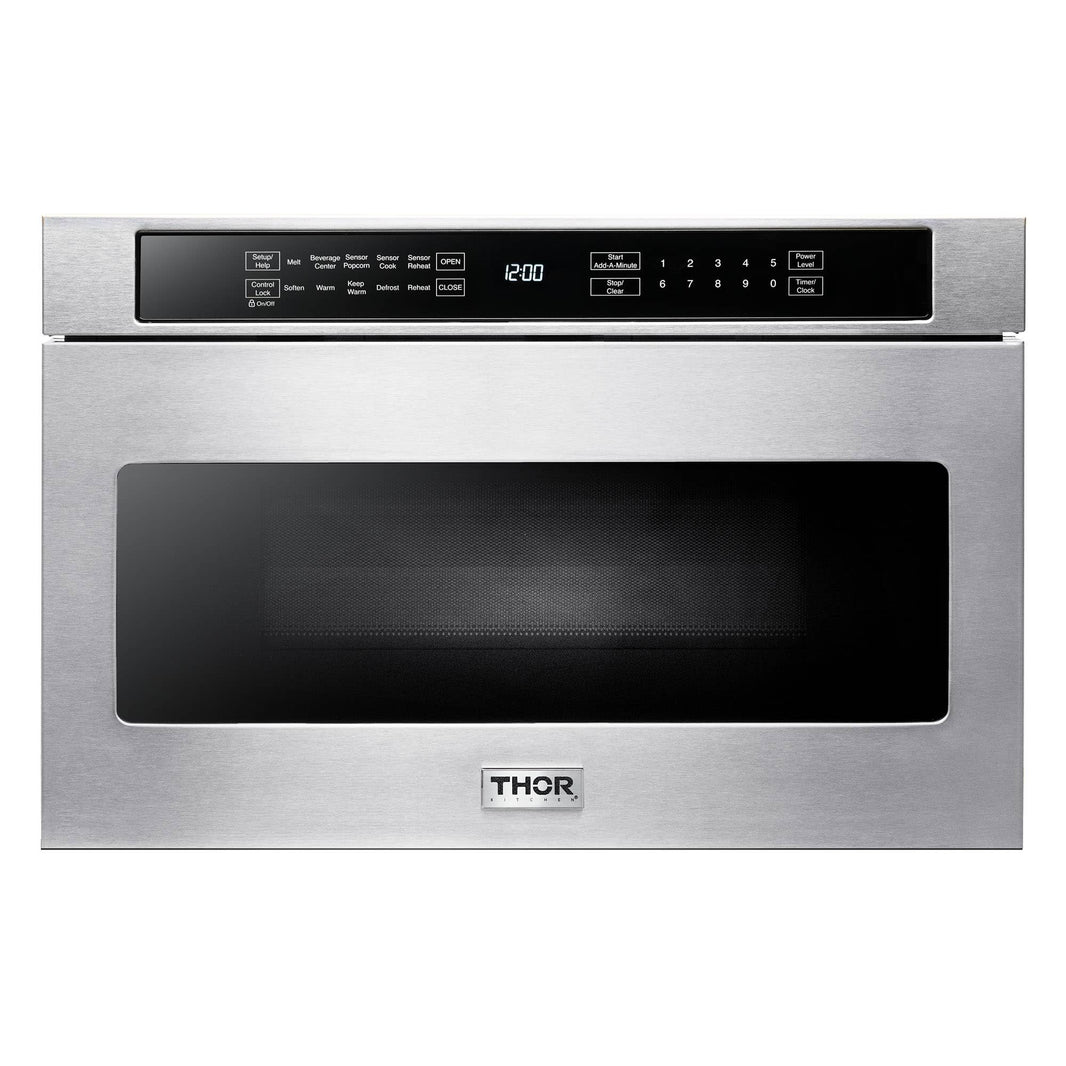 Thor Kitchen 5-Piece Appliance Package - 30-Inch Electric Range, Refrigerator with Water Dispenser, Under Cabinet Hood, Dishwasher, & Microwave Drawer in Stainless Steel