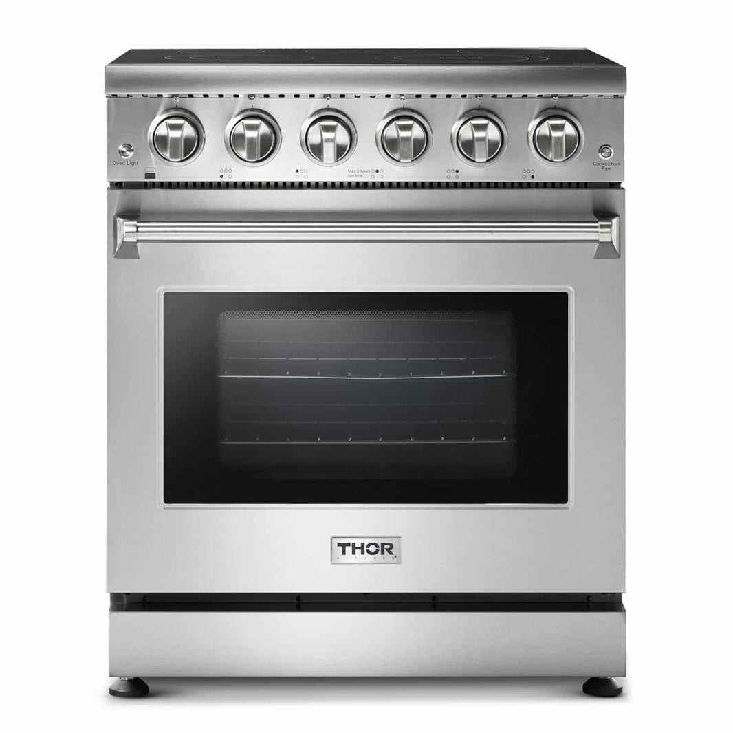 Thor Kitchen 5-Piece Appliance Package - 30-Inch Electric Range, Refrigerator with Water Dispenser, Under Cabinet Hood, Dishwasher, & Microwave Drawer in Stainless Steel