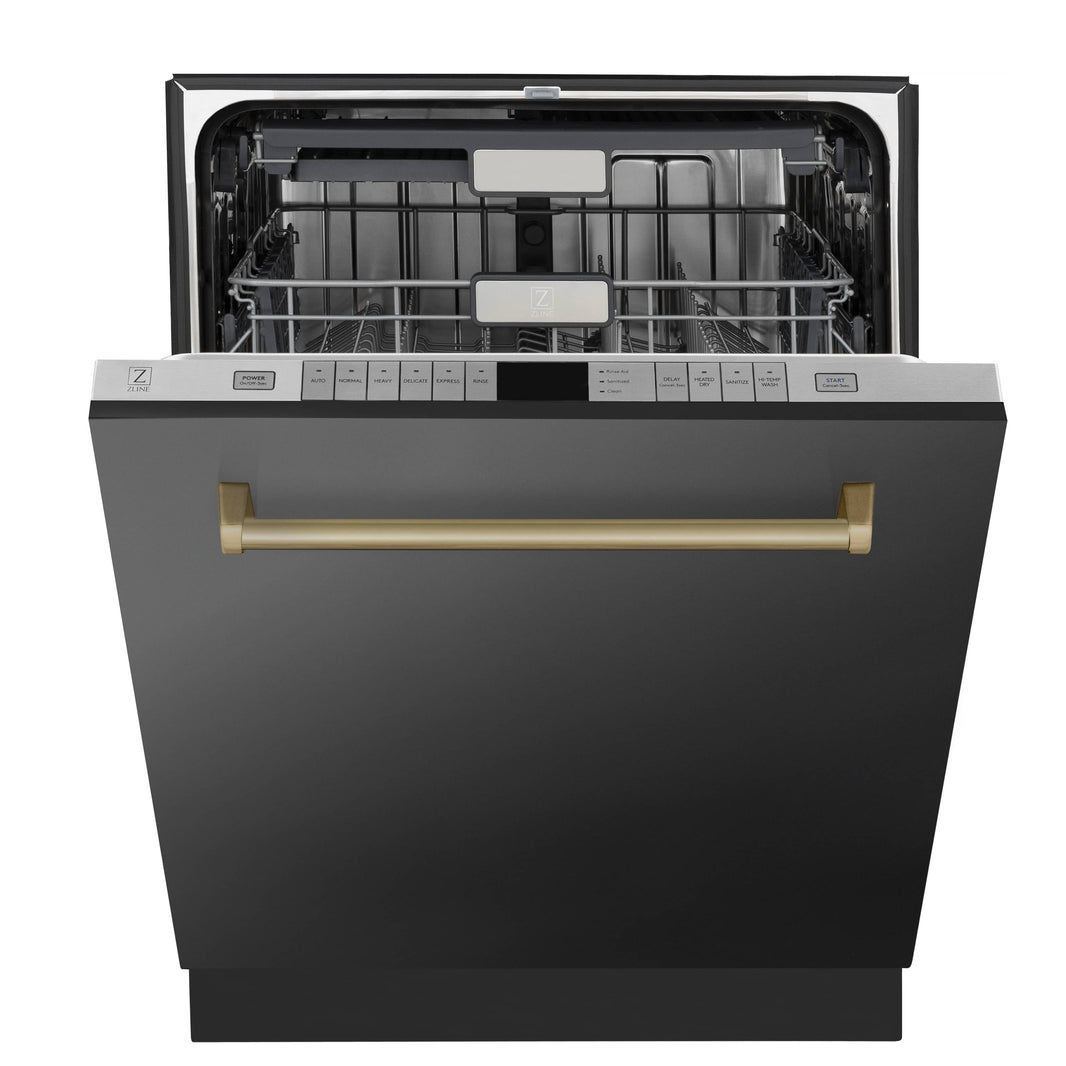 ZLINE Autograph Edition 24" 3rd Rack Top Touch Control Tall Tub Dishwasher in Black Stainless Steel with Champagne Bronze Handle, 45 dBa (DWMTZ-BS-24-CB)