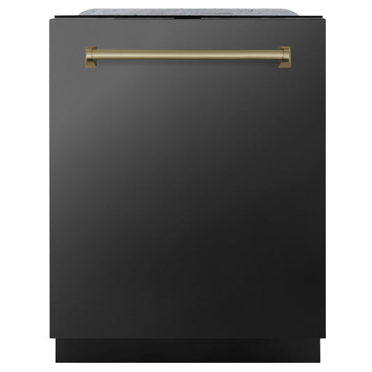 ZLINE Autograph Edition 24" 3rd Rack Top Touch Control Tall Tub Dishwasher in Black Stainless Steel with Champagne Bronze Handle, 45 dBa (DWMTZ-BS-24-CB)