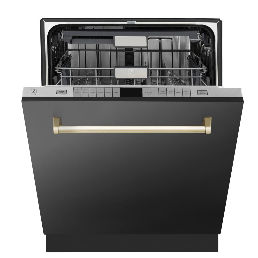 ZLINE Autograph Edition 24-Inch 3rd Rack Top Touch Control  Dishwasher in Black Stainless Steel with Gold Handle, 45dBa (DWMTZ-BS-24-G)