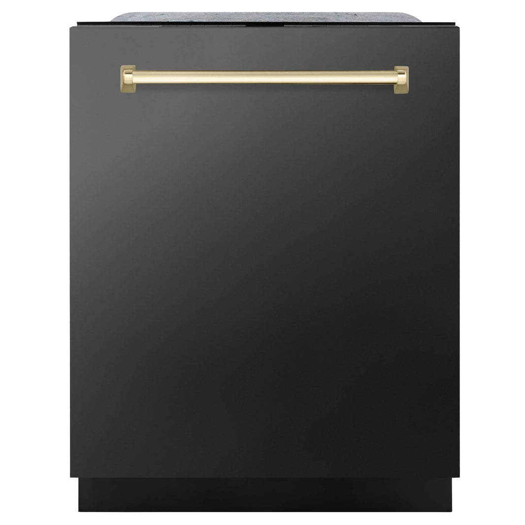 ZLINE Autograph Edition 24" 3rd Rack Top Touch Control Tall Tub Dishwasher in Black Stainless Steel with Gold Handle, 45dBa (DWMTZ-BS-24-G)