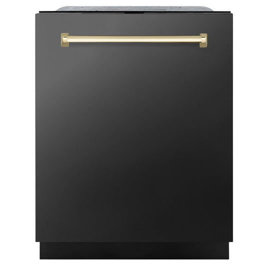 ZLINE Autograph Edition 24" 3rd Rack Top Touch Control Tall Tub Dishwasher in Black Stainless Steel with Gold Handle, 45dBa (DWMTZ-BS-24-G)