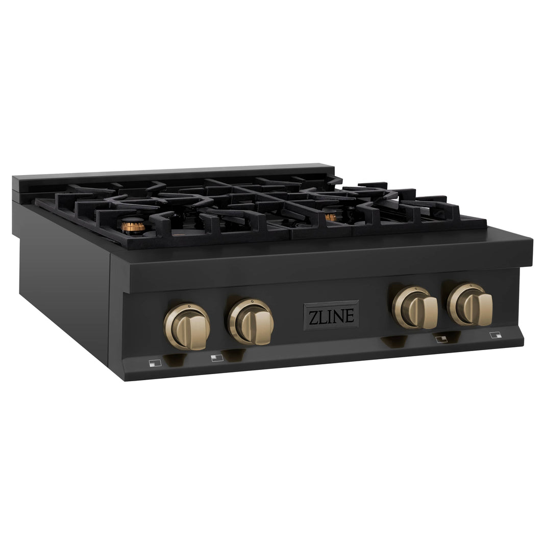 ZLINE Autograph Edition 30-Inch Porcelain Rangetop with 4 Gas Burners in Black Stainless Steel and Champagne Bronze Accents (RTBZ-30-CB)