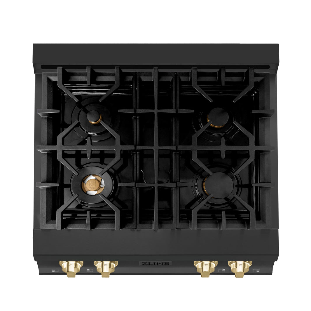 ZLINE Autograph Edition 30-Inch Porcelain Rangetop with 4 Gas Burners in Black Stainless Steel and Gold Accents (RTBZ-30-G)