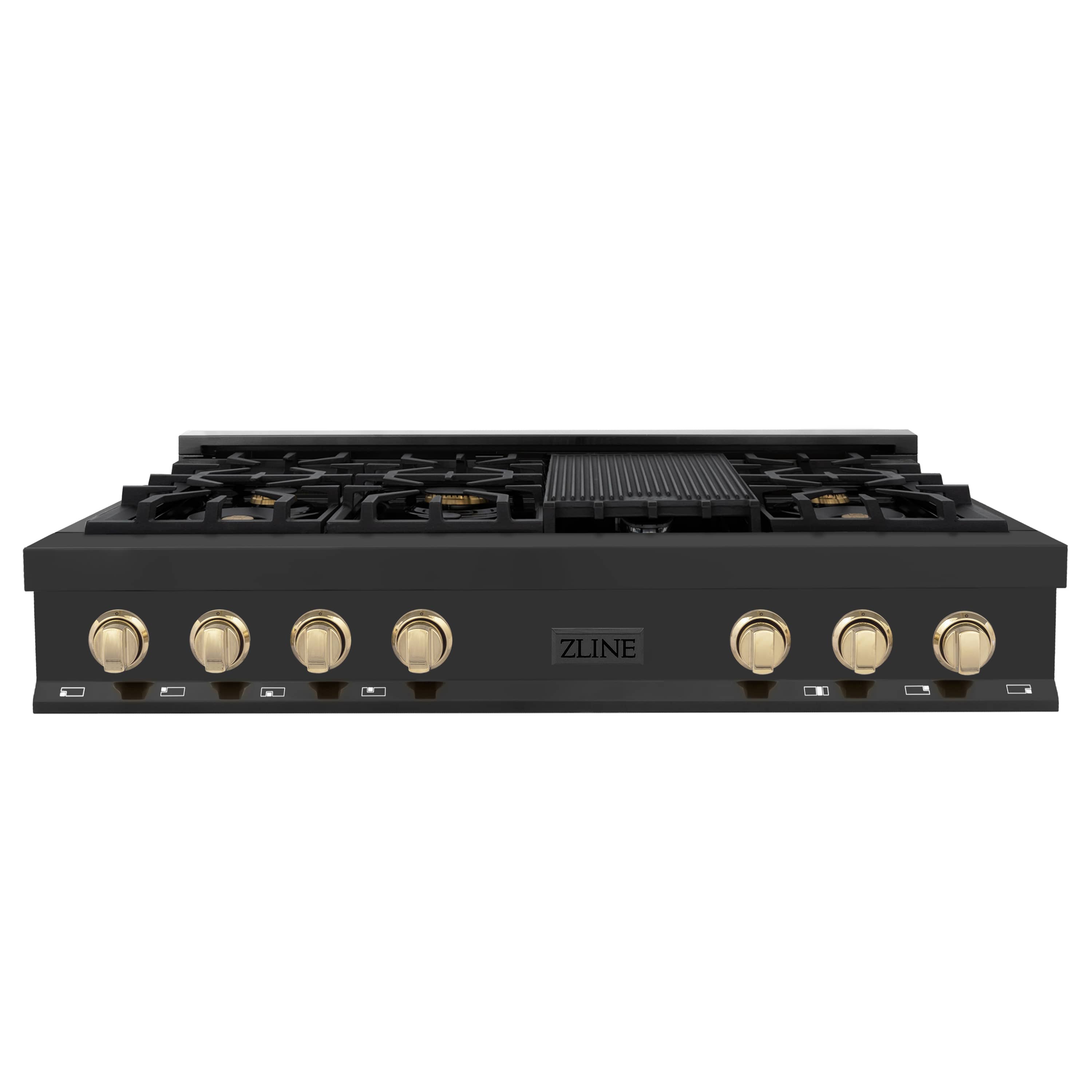 ZLINE Autograph Edition 48-Inch Porcelain Rangetop with 7 Gas Burners in Black Stainless Steel and Gold Accents (RTBZ-48-G)