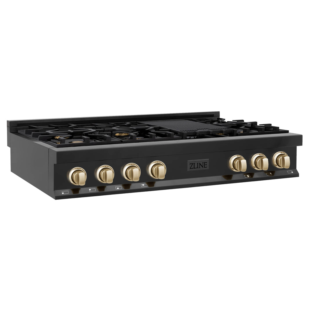 ZLINE Autograph Edition 48-Inch Porcelain Rangetop with 7 Gas Burners in Black Stainless Steel and Gold Accents (RTBZ-48-G)