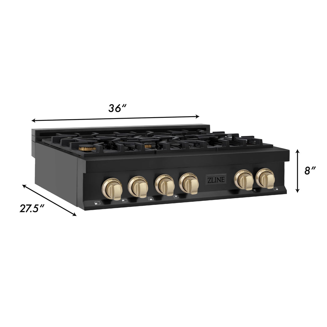 ZLINE Autograph Edition 36-Inch Porcelain Rangetop with 6 Gas Burners in Black Stainless Steel and Gold Accents (RTBZ-36-G)