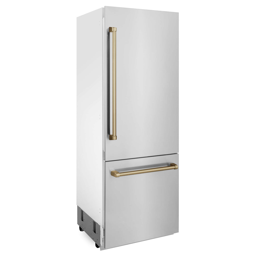 ZLINE 30" Autograph Edition 16.1 cu. ft. Built-in 2-Door Bottom Freezer Refrigerator with Internal Water and Ice Dispenser in Stainless Steel with Champagne Bronze Accents (RBIVZ-304-30-CB)