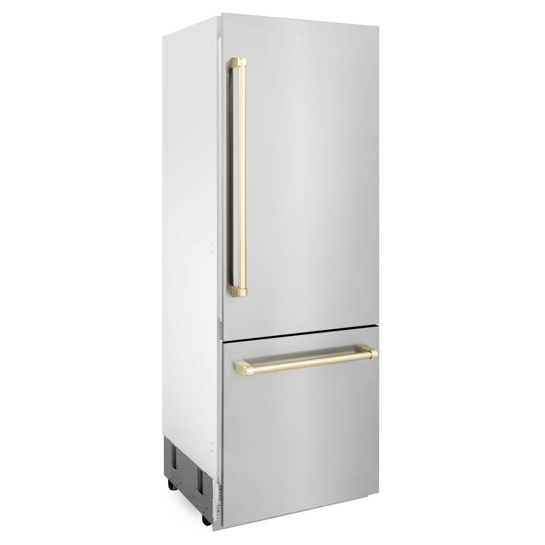 ZLINE 30" Autograph Edition 16.1 cu. ft. Built-in 2-Door Bottom Freezer Refrigerator with Internal Water and Ice Dispenser in Stainless Steel with Gold Accents (RBIVZ-304-30-G)