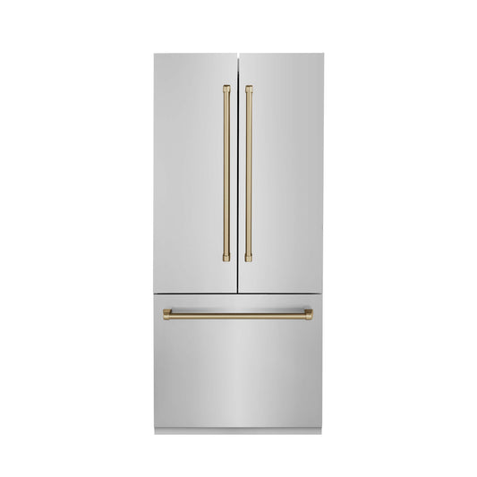 ZLINE 36" Autograph Edition 19.6 cu. ft. Built-in 2-Door Bottom Freezer Refrigerator with Internal Water and Ice Dispenser in Stainless Steel with Champagne Bronze Accents (RBIVZ-304-36-CB)