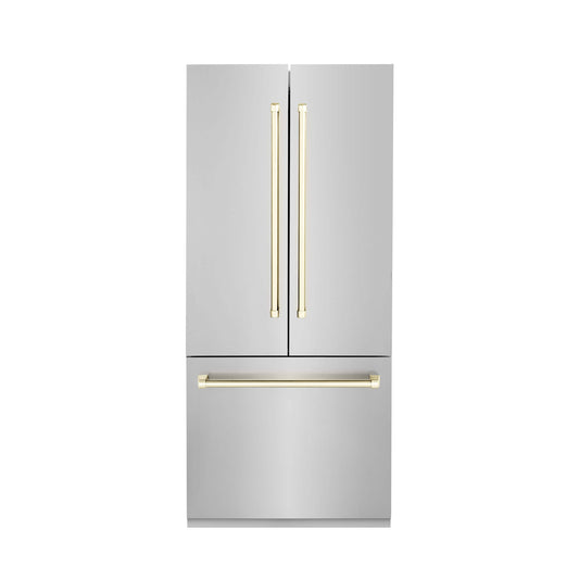 ZLINE 36" Autograph Edition 19.6 cu. ft. Built-in 2-Door Bottom Freezer Refrigerator with Internal Water and Ice Dispenser in Stainless Steel with Gold Accents (RBIVZ-304-36-G)