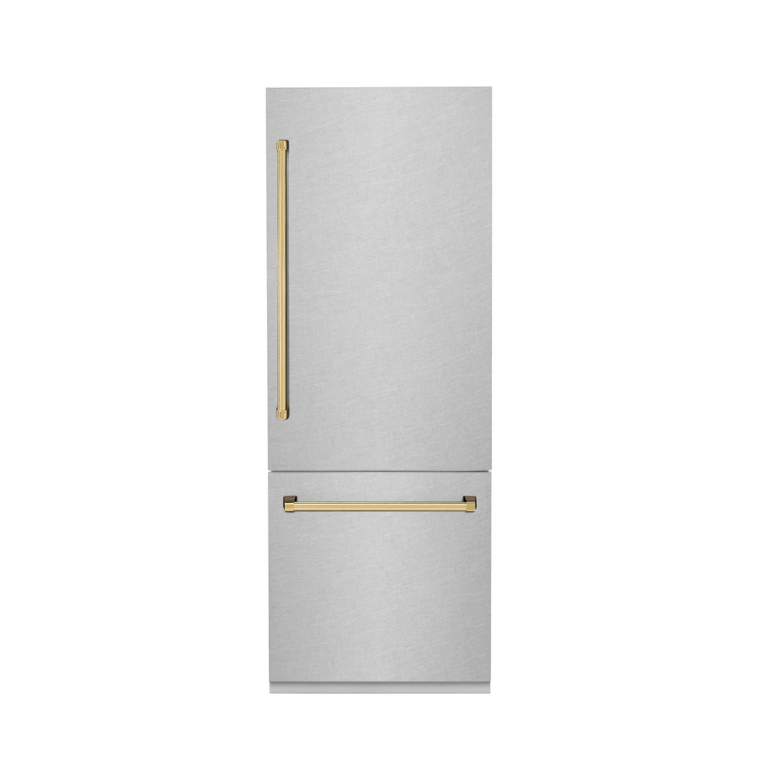 ZLINE 30-Inch Autograph Edition 16.1 cu. ft. Built-in 2-Door Bottom Freezer Refrigerator with Internal Water and Ice Dispenser in Fingerprint Resistant Stainless Steel with Gold Accents (RBIVZ-SN-30-G)