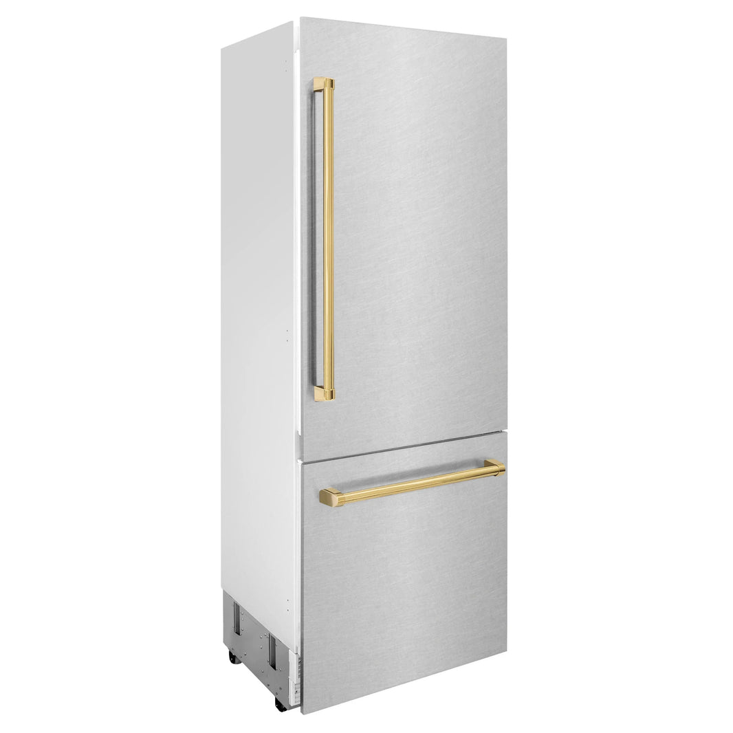 ZLINE 30-Inch Autograph Edition 16.1 cu. ft. Built-in 2-Door Bottom Freezer Refrigerator with Internal Water and Ice Dispenser in Fingerprint Resistant Stainless Steel with Gold Accents (RBIVZ-SN-30-G)