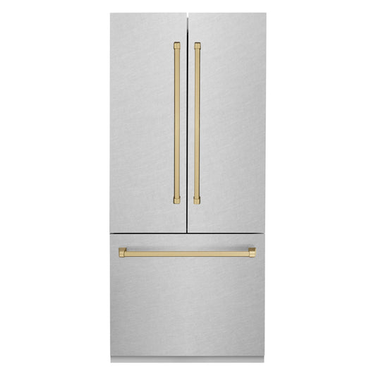 ZLINE 36-Inch Autograph Edition 19.6 cu. ft. Built-in 2-Door Bottom Freezer Refrigerator with Internal Water and Ice Dispenser in DuraSnow Stainless Steel with Champagne Bronze Accents (RBIVZ-SN-36-CB)