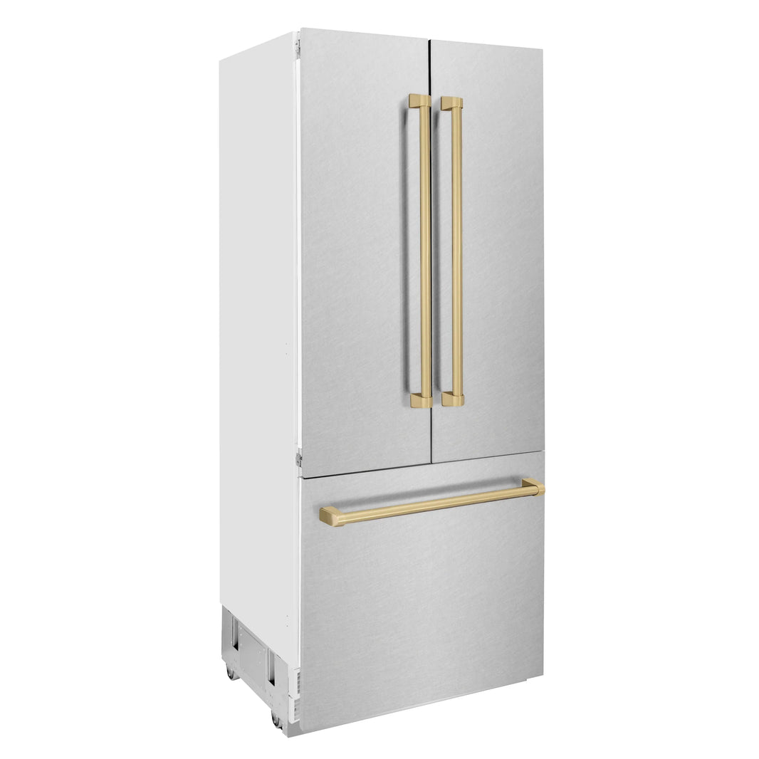 ZLINE 36-Inch Autograph Edition 19.6 cu. ft. Built-in 2-Door Bottom Freezer Refrigerator with Internal Water and Ice Dispenser in DuraSnow Stainless Steel with Champagne Bronze Accents (RBIVZ-SN-36-CB)